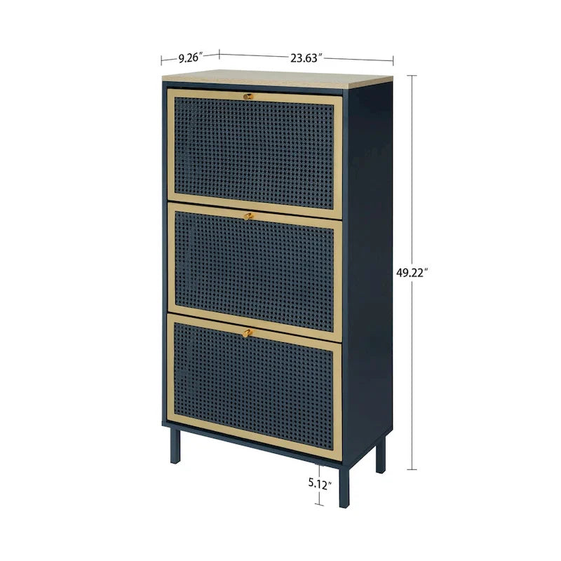 3 Metal Door Shoe Rack, Freestanding Modern Shoe Storage Cabinet, Metal rattan, for Entryway