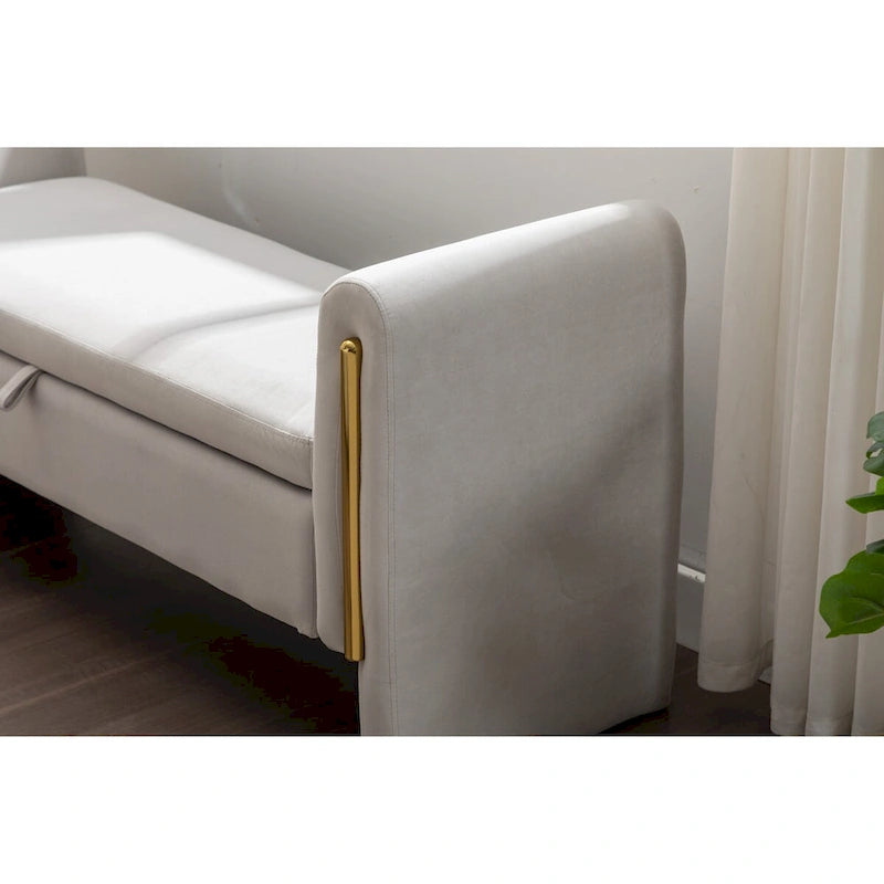 Velvet Fabric Storage Bench Bedroom Bench With Gold Metal Trim Strip For Living Room Bedroom Indoor,Light Gray
