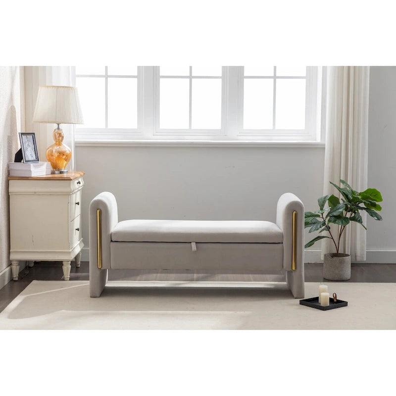Velvet Fabric Storage Bench Bedroom Bench With Gold Metal Trim Strip For Living Room Bedroom Indoor,Light Gray