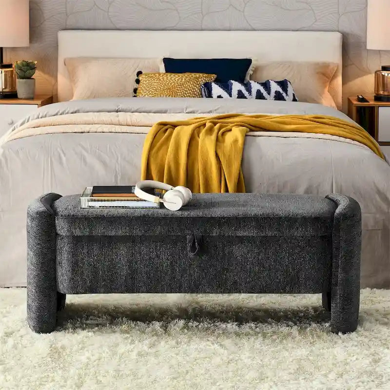 Oval Ottoman Storage Bench Chenille Fabric Bench w/Large Storage Space