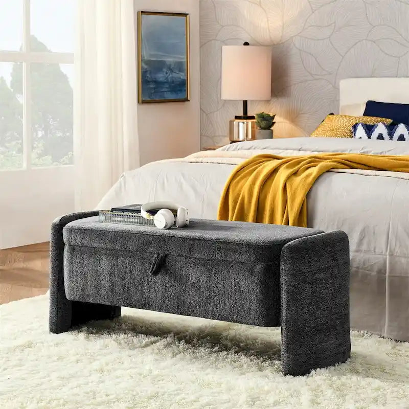 Oval Ottoman Storage Bench Chenille Fabric Bench w/Large Storage Space
