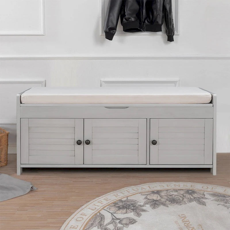 Classic Modern Storage Bench with Two Cabinets and Flip-Top Storage