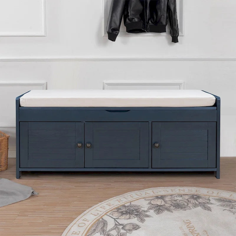 Classic Modern Storage Bench with Two Cabinets and Flip-Top Storage