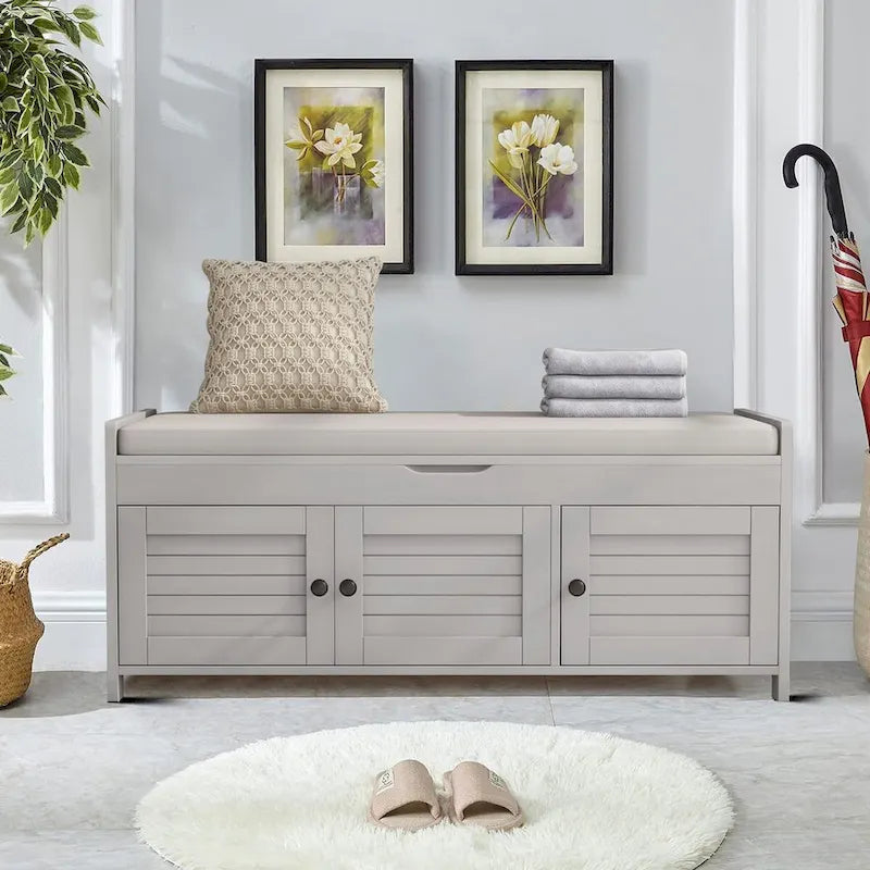 Classic Modern Storage Bench with Two Cabinets and Flip-Top Storage