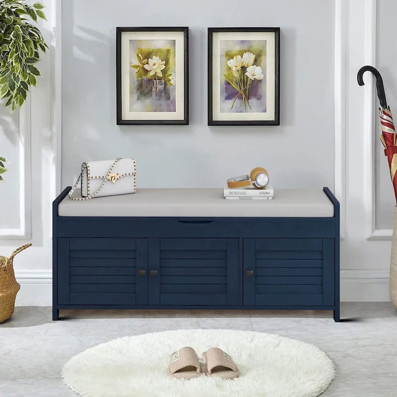 Classic Modern Storage Bench with Two Cabinets and Flip-Top Storage