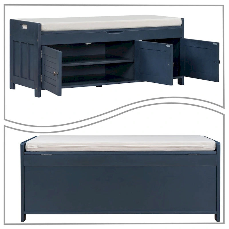 Classic Modern Storage Bench with Two Cabinets and Flip-Top Storage