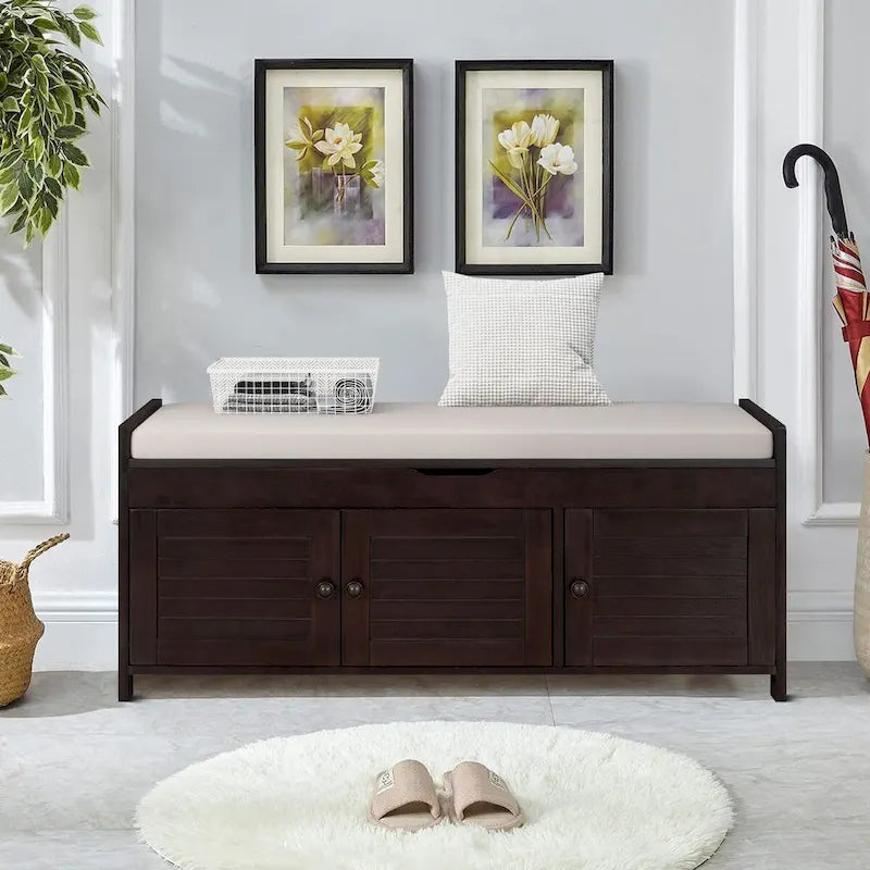 Classic Modern Storage Bench with Two Cabinets and Flip-Top Storage