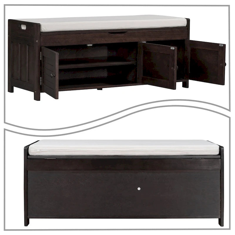 Classic Modern Storage Bench with Two Cabinets and Flip-Top Storage