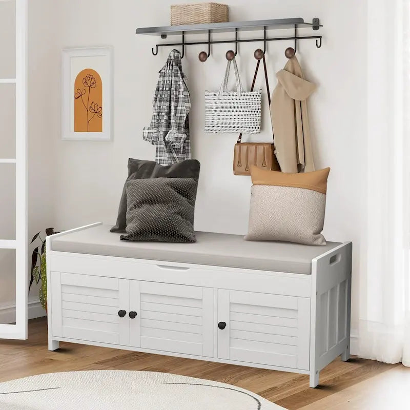 Classic Modern Storage Bench with Two Cabinets and Flip-Top Storage
