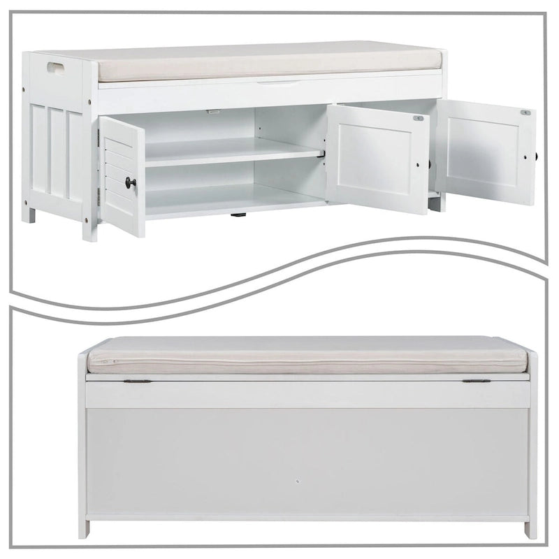 Classic Modern Storage Bench with Two Cabinets and Flip-Top Storage