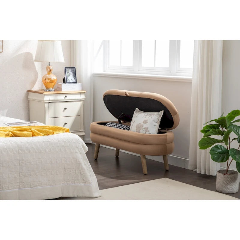 Velvet Fabric Storage Bench Bedroom Bench With Wood Legs For Living Room Bedroom Indoor