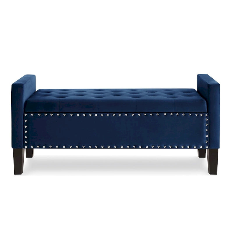 Upholstered Tufted Button Storage Bench with nails trim,Entryway Living Room Soft Padded Seat with Armrest,Bed Bench -Navy