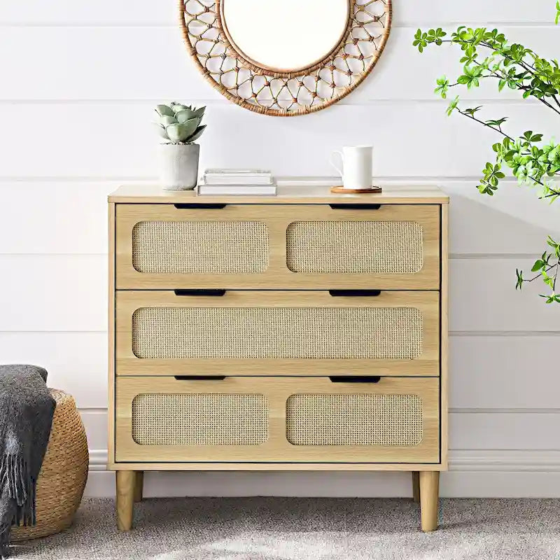 3 drawer dresser, modern rattan dresser cabinet with wide drawers and metal handles, farmhouse wooden storage chest of drawer