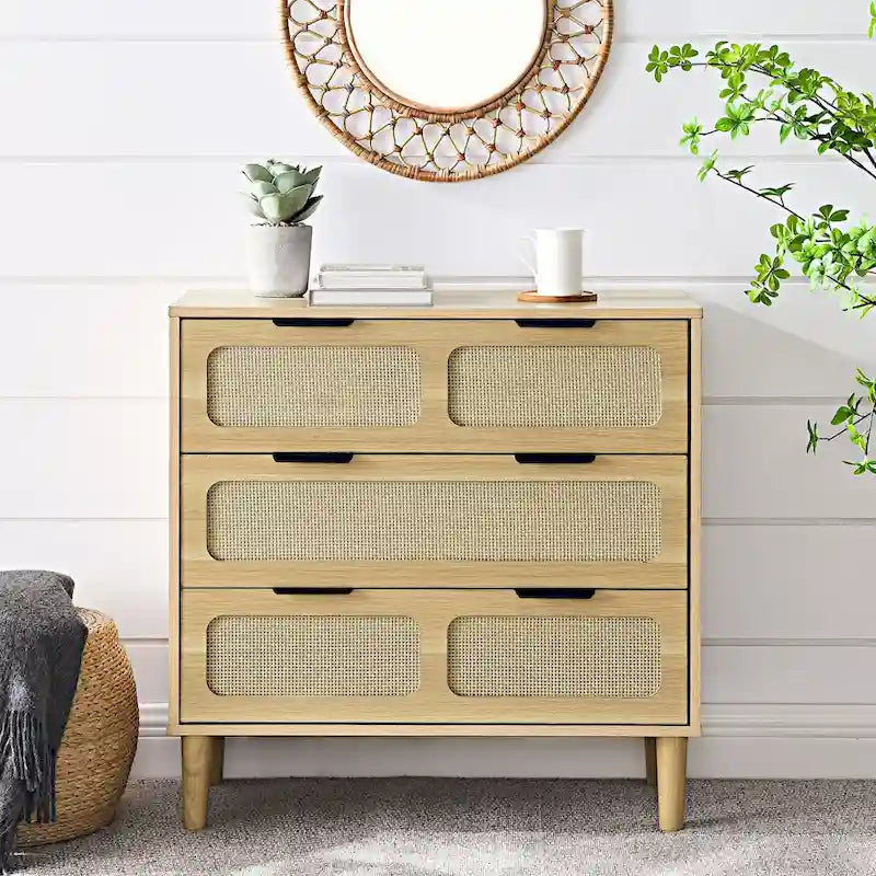 3 drawer dresser, modern rattan dresser cabinet with wide drawers and metal handles, farmhouse wooden storage chest of drawer