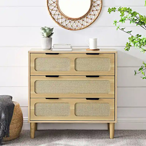 3 drawer dresser, modern rattan dresser cabinet with wide drawers and metal handles, farmhouse wooden storage chest of drawer