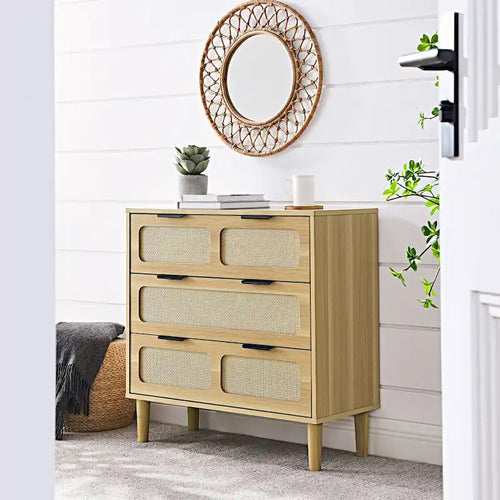 3 drawer dresser, modern rattan dresser cabinet with wide drawers and metal handles, farmhouse wooden storage chest of drawer