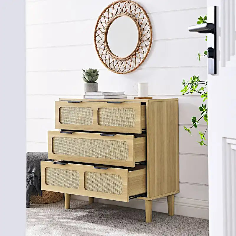 3 drawer dresser, modern rattan dresser cabinet with wide drawers and metal handles, farmhouse wooden storage chest of drawer