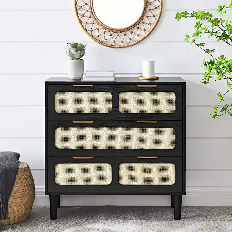 3 drawer dresser, modern rattan dresser cabinet with wide drawers and metal handles, farmhouse wooden storage chest of drawer