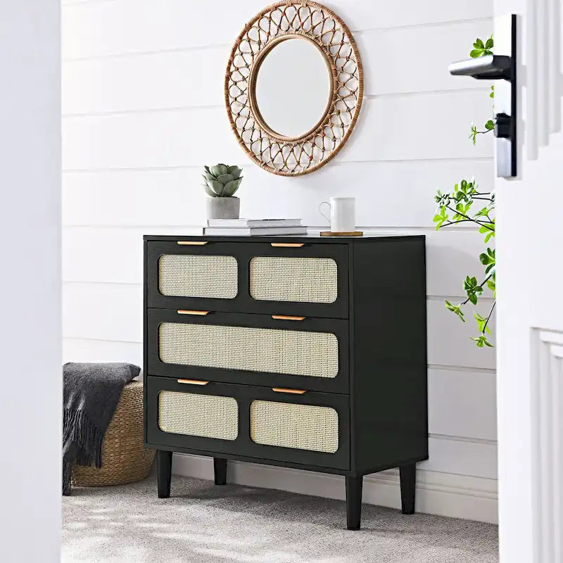 3 drawer dresser, modern rattan dresser cabinet with wide drawers and metal handles, farmhouse wooden storage chest of drawer