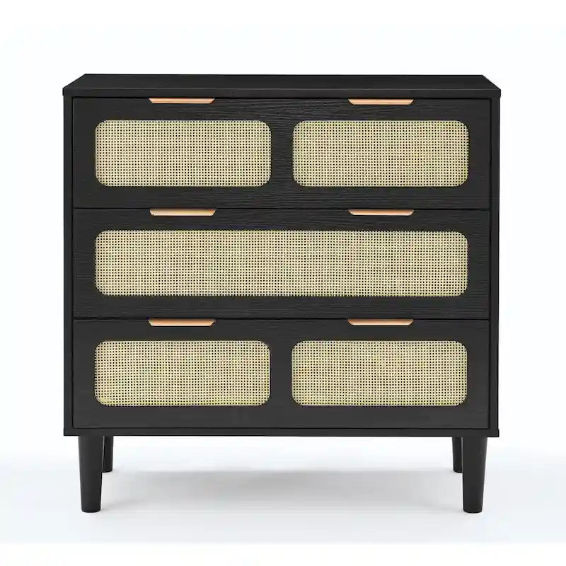 3 drawer dresser, modern rattan dresser cabinet with wide drawers and metal handles, farmhouse wooden storage chest of drawer
