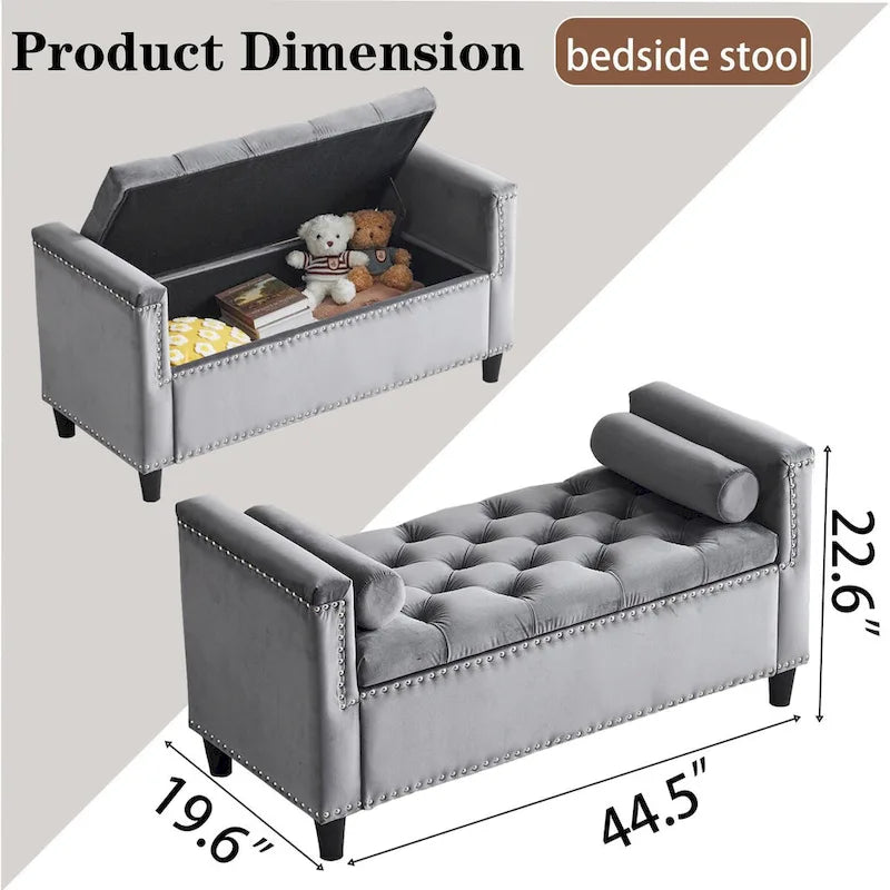 44.5 Velvet Button Storage Bench with Armrests and Nailhead Trim