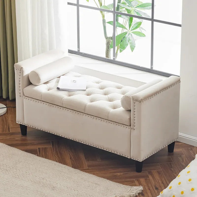 44.5 Velvet Button Storage Bench with Armrests and Nailhead Trim