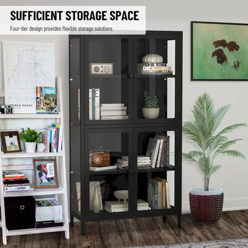 Four Door Storage Cabinet with Adjustable Shelves and Feet Cold-Rolled Steel Sideboard Furniture for Living Room Kitchen