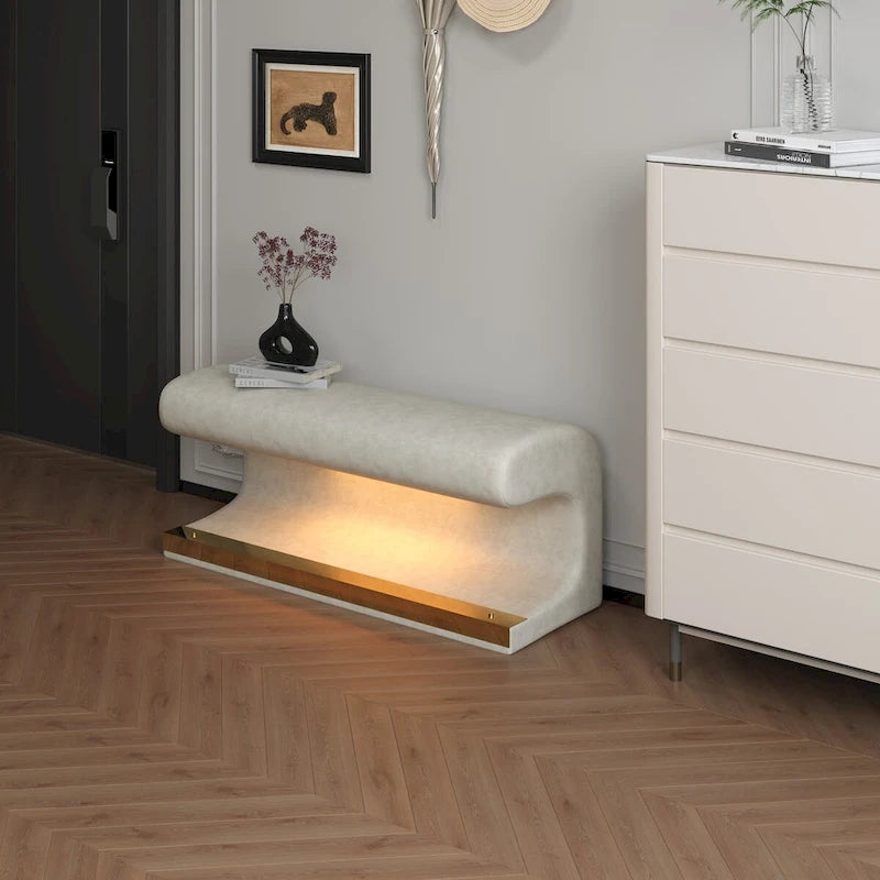 Entryway Bench Leather Upholstered Ottoman with LED sensor light for living room ,bedroom,end of bed