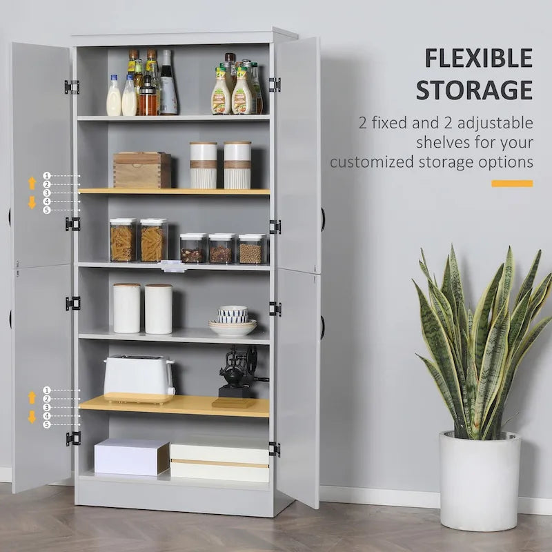 70 Kitchen Pantry, Tall Freestanding Storage Cabinet, 6-tier Shelving with 2 Adjustable Shelves and 4 Doors Gray