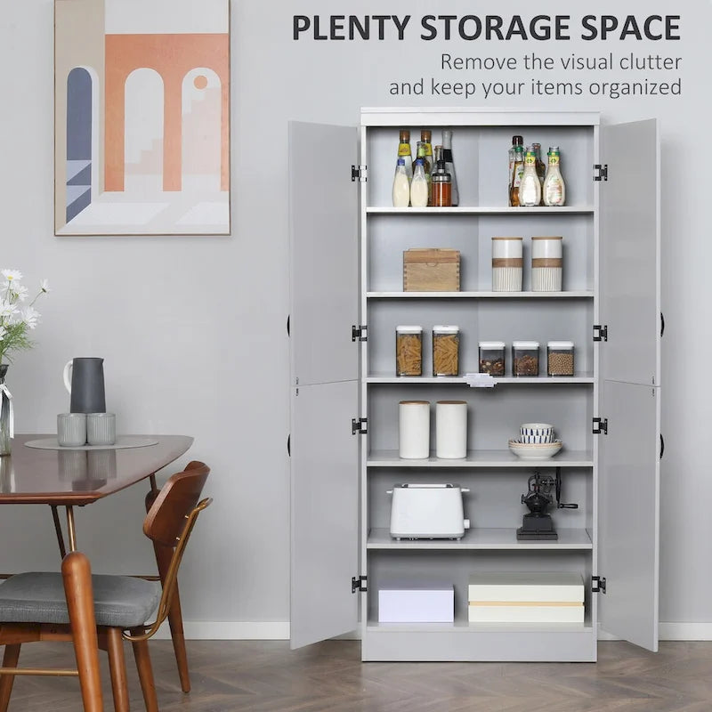 70 Kitchen Pantry, Tall Freestanding Storage Cabinet, 6-tier Shelving with 2 Adjustable Shelves and 4 Doors Gray