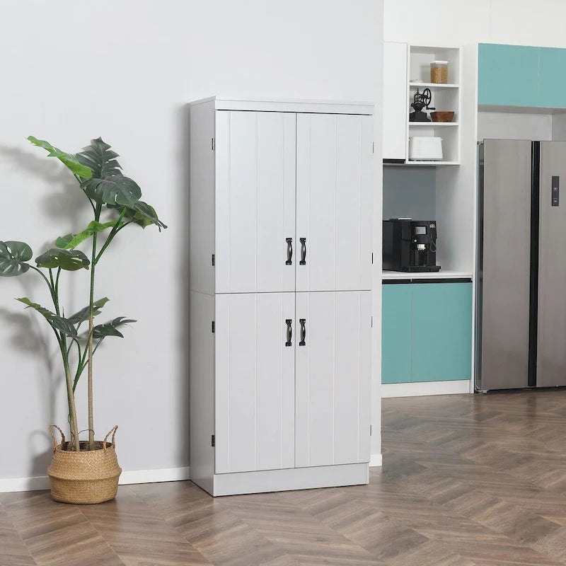 70 Kitchen Pantry, Tall Freestanding Storage Cabinet, 6-tier Shelving with 2 Adjustable Shelves and 4 Doors Gray