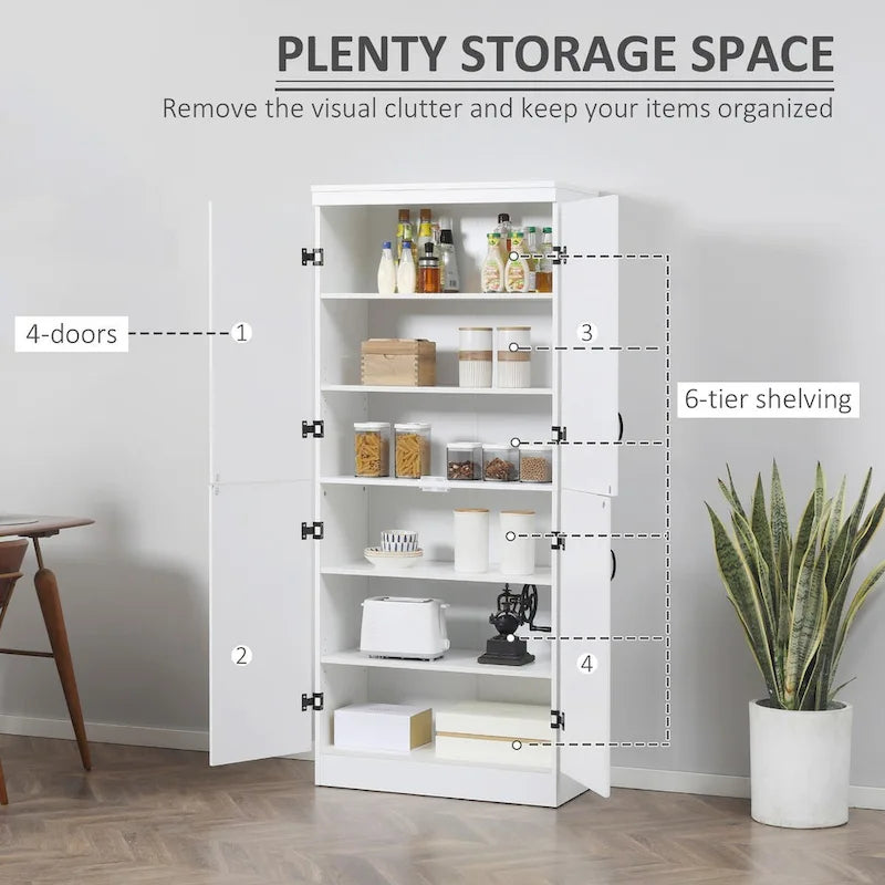 70 Kitchen Pantry, Tall Freestanding Storage Cabinet, 6-tier Shelving with 2 Adjustable Shelves and 4 Doors Gray