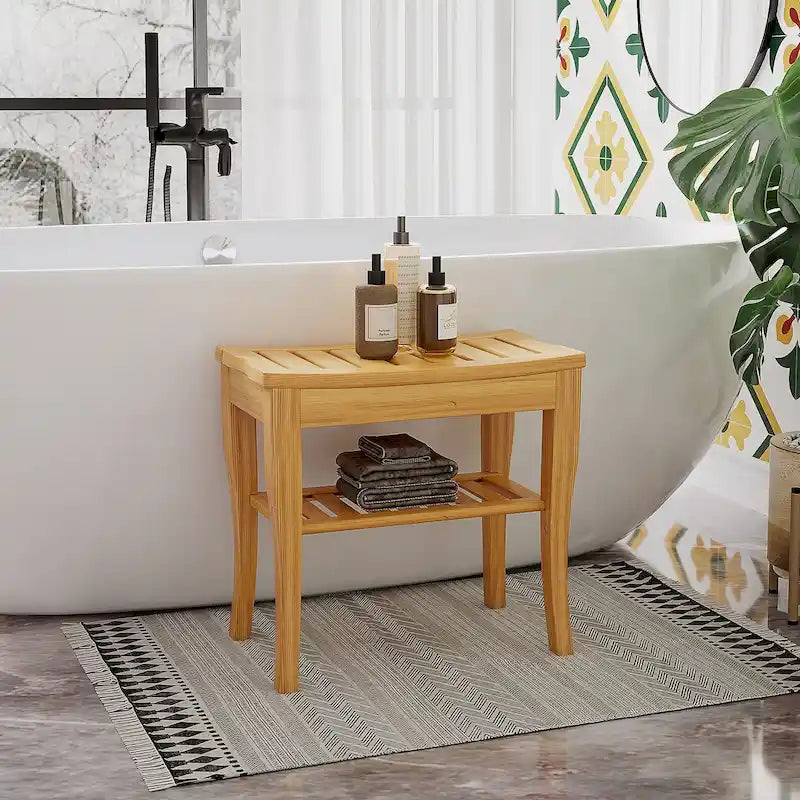 Bamboo Shower Bench with Storage Shelf