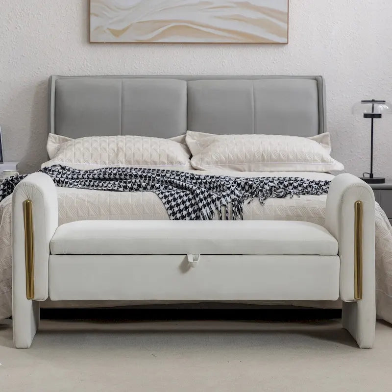 Velvet Fabric Storage Bench Bedroom Bench With Gold Metal Trim Strip For Living Room Bedroom Indoor,Ivory