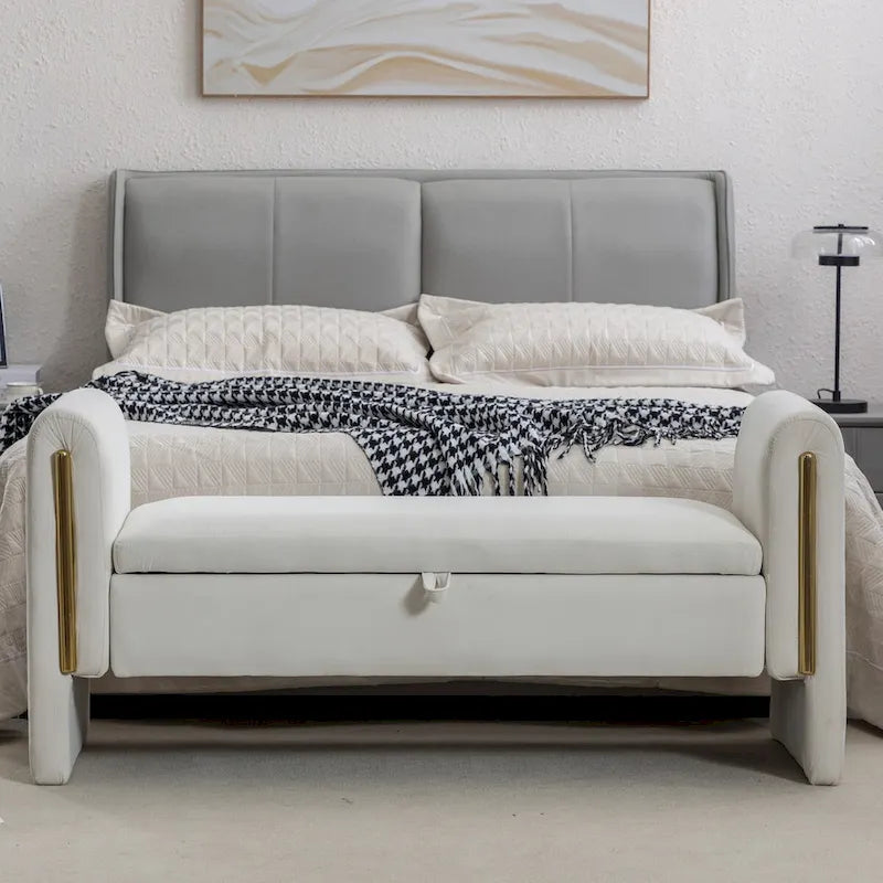 Velvet Fabric Storage Bench Bedroom Bench With Gold Metal Trim Strip For Living Room Bedroom Indoor,Ivory