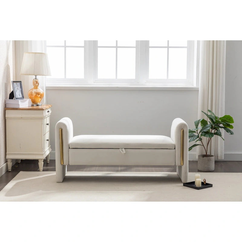 Velvet Fabric Storage Bench Bedroom Bench With Gold Metal Trim Strip For Living Room Bedroom Indoor,Ivory
