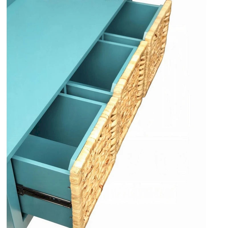 Rectangular Wooden Bench with Storage Basket, Blue