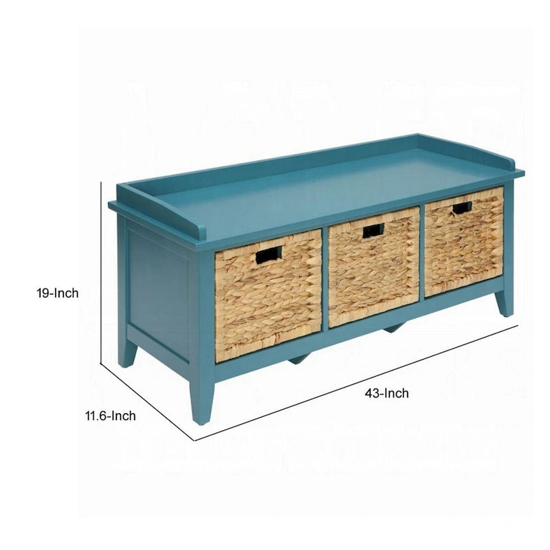 Rectangular Wooden Bench with Storage Basket, Blue