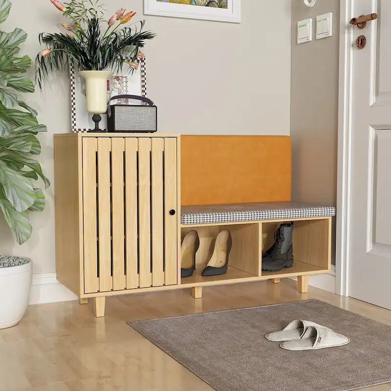 Functional Hallway Storage Ensemble with Houndstooth Cushion Bench