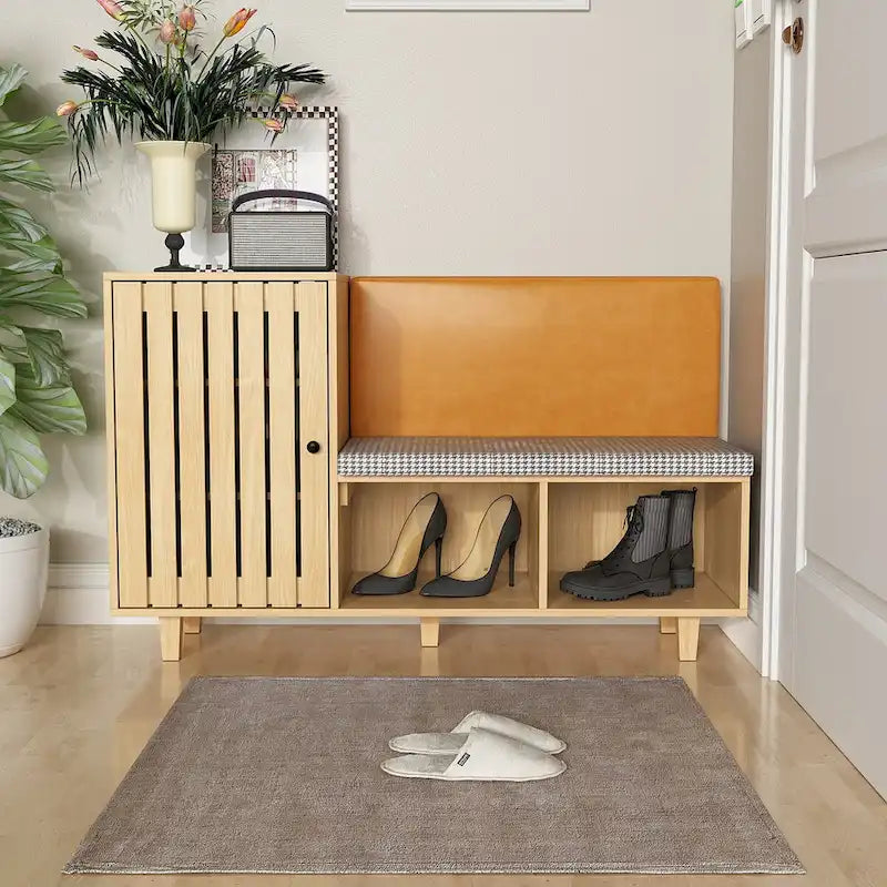 Functional Hallway Storage Ensemble with Houndstooth Cushion Bench