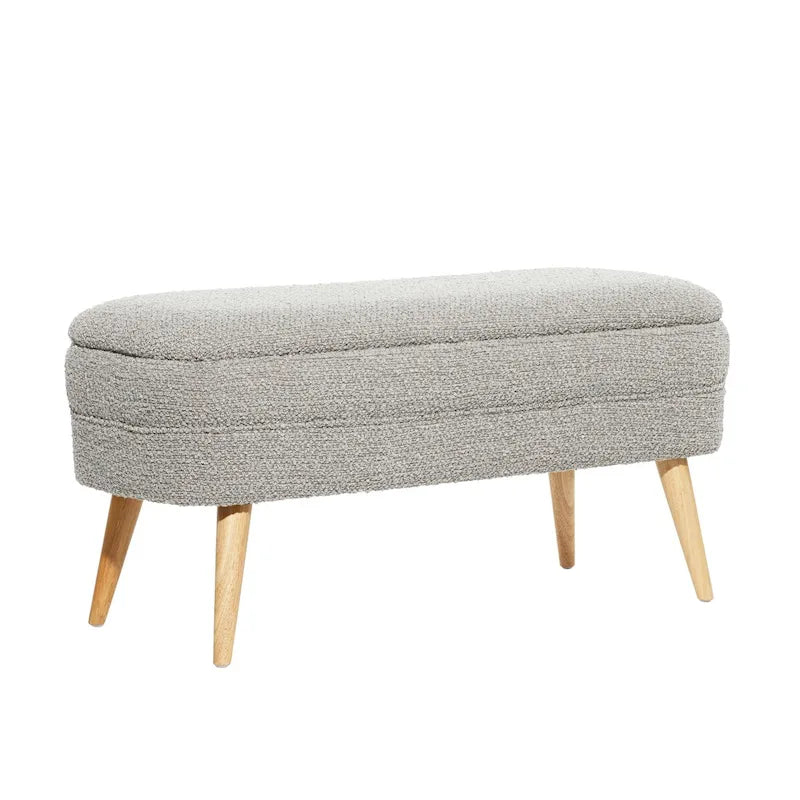 Polyester Oval Upholstered Boucle Storage Bench with Tapered Wood Legs - White or Gray - Roche River Decor