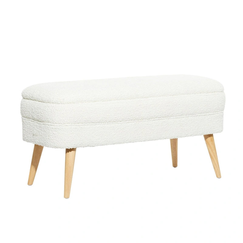 Polyester Oval Upholstered Boucle Storage Bench with Tapered Wood Legs - White or Gray - Roche River Decor