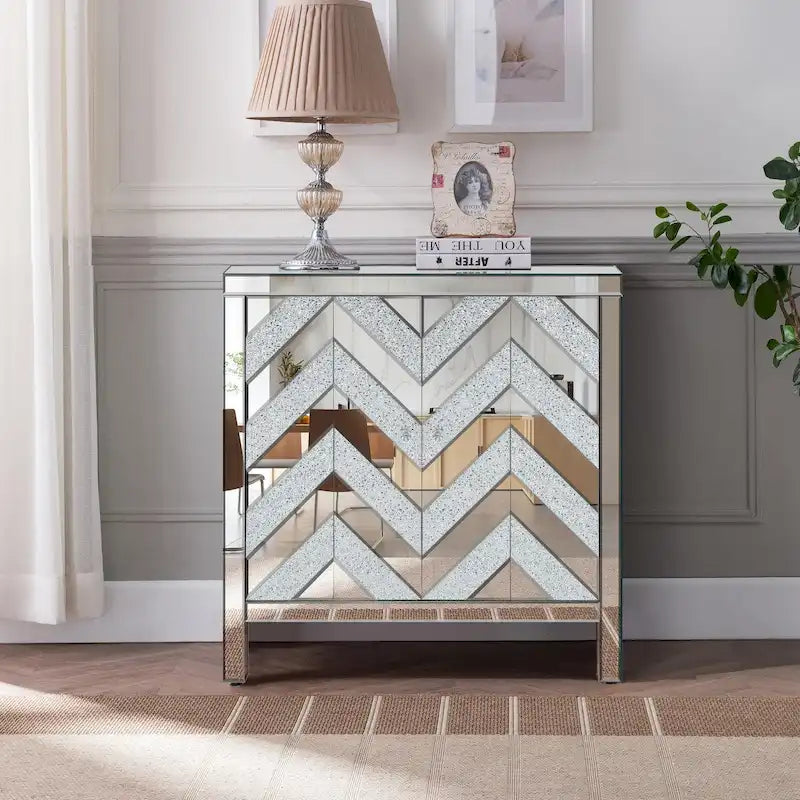 Storage Cabinet with Mirror Trim and Diamond Shape Design for Living Room, Dining Room, Entryway, Kitchen