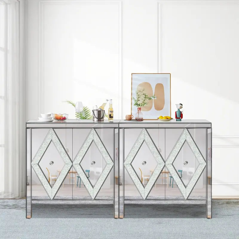 Storage Cabinet with Mirror Trim and Diamond Shape Design for Living Room, Dining Room, Entryway, Kitchen