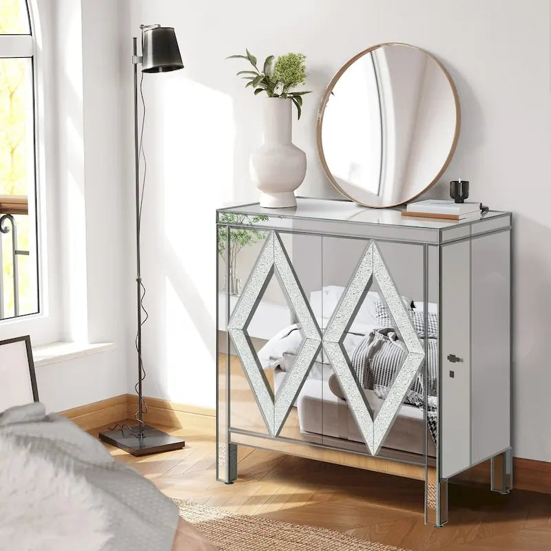 Storage Cabinet with Mirror Trim and Diamond Shape Design for Living Room, Dining Room, Entryway, Kitchen