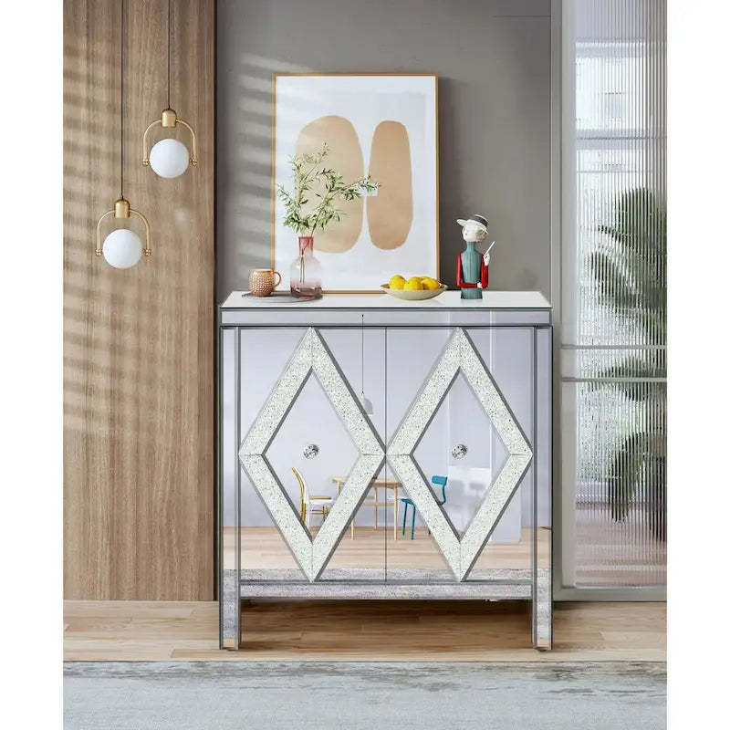 Storage Cabinet with Mirror Trim and Diamond Shape Design for Living Room, Dining Room, Entryway, Kitchen