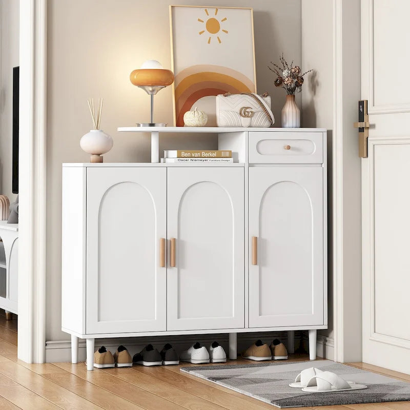 Shoe Cabinet with Arched Doors and Drawer,Cream Style Storage Sideboard with Adjustable Shelves and Solid Wood Legs