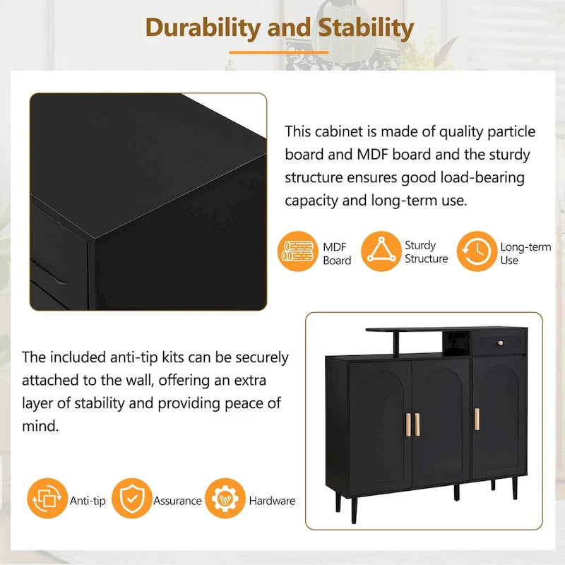 Shoe Cabinet with Arched Doors and Drawer,Cream Style Storage Sideboard with Adjustable Shelves and Solid Wood Legs