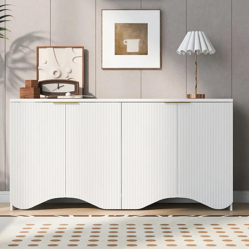 Vertical Stripes and Wavy Design of a Four-Door Cabinet Cabinet Suitable for Hallway, Entryway, Living Room