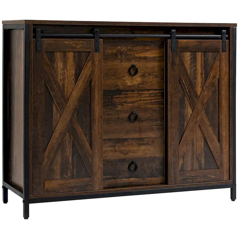 Industrial Farmhouse Buffet Cabinet, Kitchen Sideboard with Sliding Barn Doors, Three Drawers and Adjustable Shelves